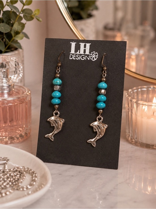 LH Design Jewelry - Turquoise Dolphin Drop Earrings Silver Tone Beaded Coastal Boho